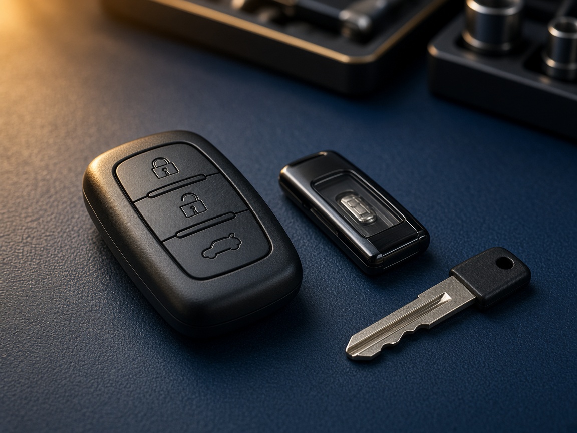 Replacement car keys and a smart key fob on a workbench