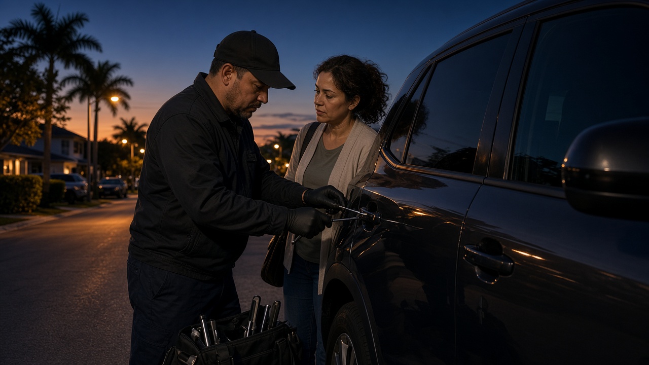 Automotive locksmith unlocking a vehicle during a car lockout