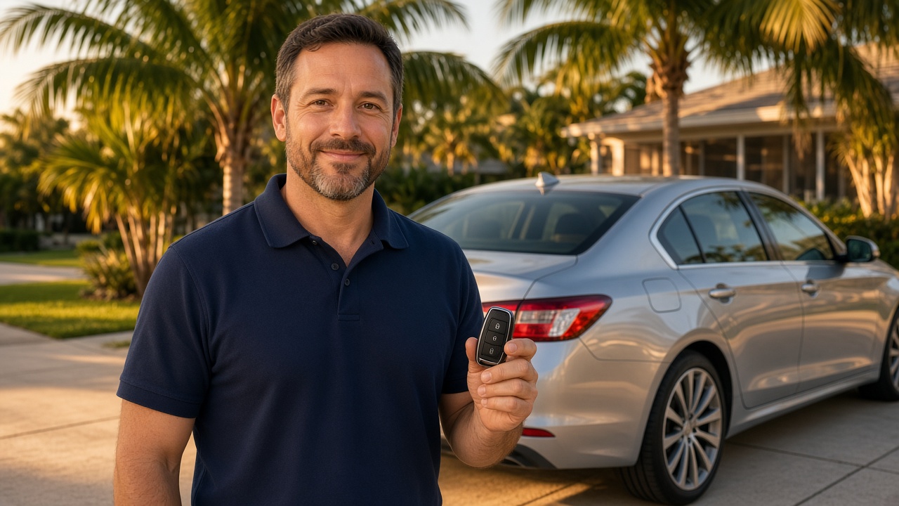 Locksmith holding a programmed smart key fob next to a car